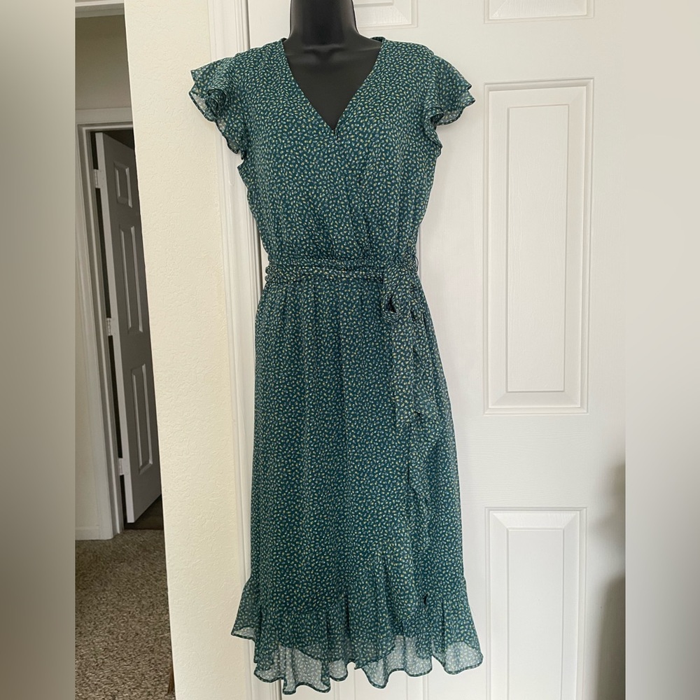 LC Lauren Conrad Green Midi Faux Wrap Ruffle Dress Sz S